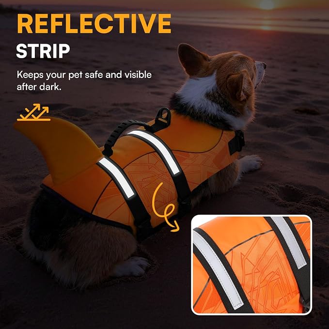 Dog Life Jacket High Flotation, Reflective Dog Life Vest for Swimming, Adjustable Dogs Life Preserver Rescue Handle Spring Summer Pool for Small, Medium, Large Dogs (OrangeLines,S)