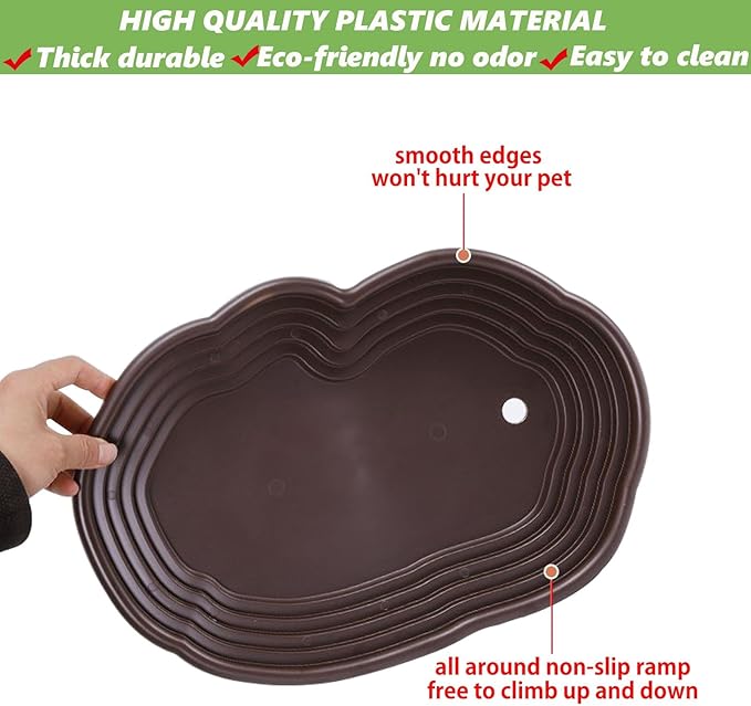 3PCS Tortoise Water Bowl with Ramp Leaf Tortoise Water Food Dish Turtle Pool Tortoise Bathing Pool Reptile Water Dish Large Soaking Dish Box Turtle Habitat Accessories (with Drainage Pipe)