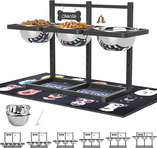 SHAINFUN Elevated Dog Bowls Stand for Medium/Large Dogs with Mat, 6 Height Adjustable Raised Dog Bowl, Three 58oz Food Water Bowls