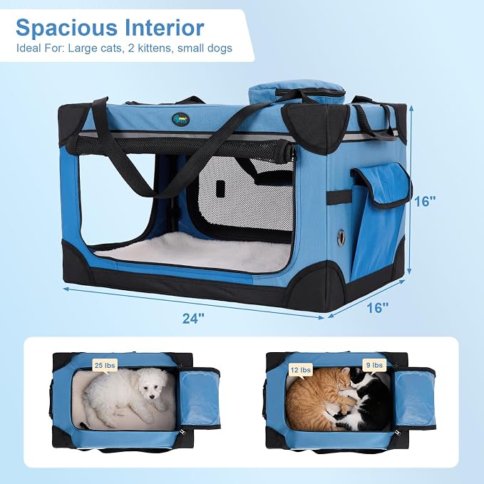 Ownpets Extra Large Cat Carrier for 2 Cats Small Dogs, 24 Inches Collapsible Soft Dog Crate for Car Travel, Portable Pet Carrier with Soft Mat, Blue | Foldable, Portable, 4-Doors, 4-Side Mesh Windows, Steel Frame Oxford Cloth, Soft Cushion Mat, Leash, ...