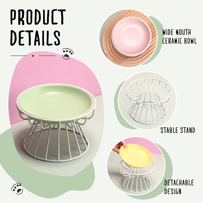 Hushee 6 Pcs Raised Cat Bowls Elevated Ceramic Cat Food Bowls with Metal Stand Anti Vomit Feeding Dishwasher Safe Shallow Ceramic Water Food Plate for Kitten Small Dogs