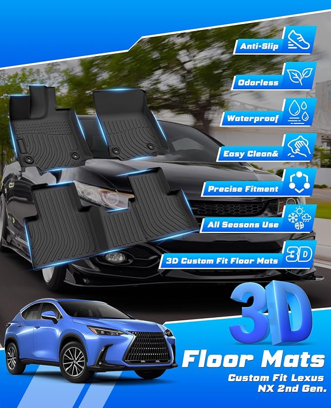 Sunsdrew Floor Mats for 2022-2025 2026 Lexus NX Accessories NX 250/NX 350/NX 350h/NX 450h+, All Weather Car Mats Front Rear 2 Rows Floor Liners TPE Rubber Raised Edge