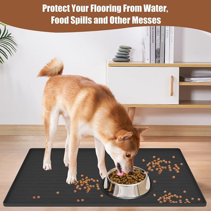 24"x16" Large Dog Food Mat, Silicone Dog and Cat Mats for Food and Water Bowls, Waterproof Raised Edge Pet Feeding Mat for Contain Spills Protects Floors, Multiple Colors & Sizes for Pets, Lake Blue