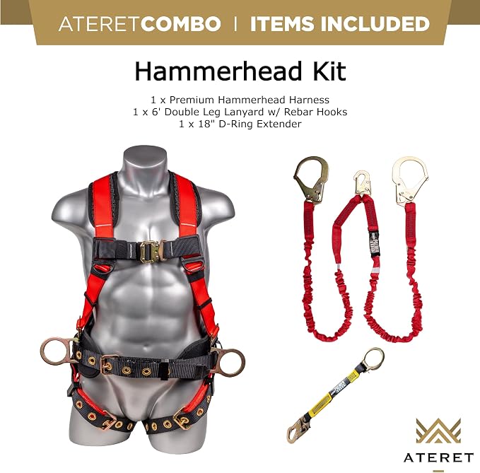 Fall Protection Hammerhead Kit I 5pt Safety Harness, 6' Double Leg Lanyard, 18" D-Ring Extender (Red - XLG)
