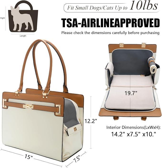 2-in-1 Stylish Dog Purse Carrier Soft-Sided Carriers Travel Tote Bag for Small Dogs Cats, Fashion Foldable Pet Bag for Puppies Small Animals with Pockets (Beige+Brown, 15" L x 7.5" W x 12.2" H)