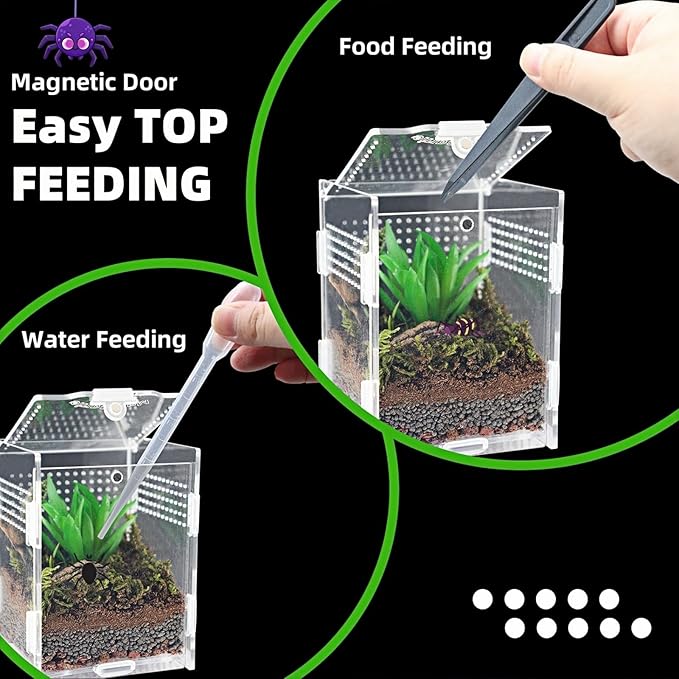 Acrylic Jumping Spider Enclosure with Magnetic Top & Escape-Proof Vents - Small Critter Keeper 4.5x3.3x3.3 Inch for Hermit Crab Frog Tarantula Mantis - Reptile Tank Habitat High Clarity Terrarium