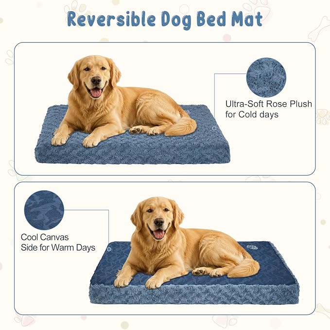 EMPSIGN Dog Bed Mat Crate Pad Mattress, Ultra Soft Pet Kennel, Navy, XXL | Reversible(Cool & Warm), Waterproof Linings, Removable Machine Washable Cover, for 48" Dog Crate, Soft Rose Plush/Canvas