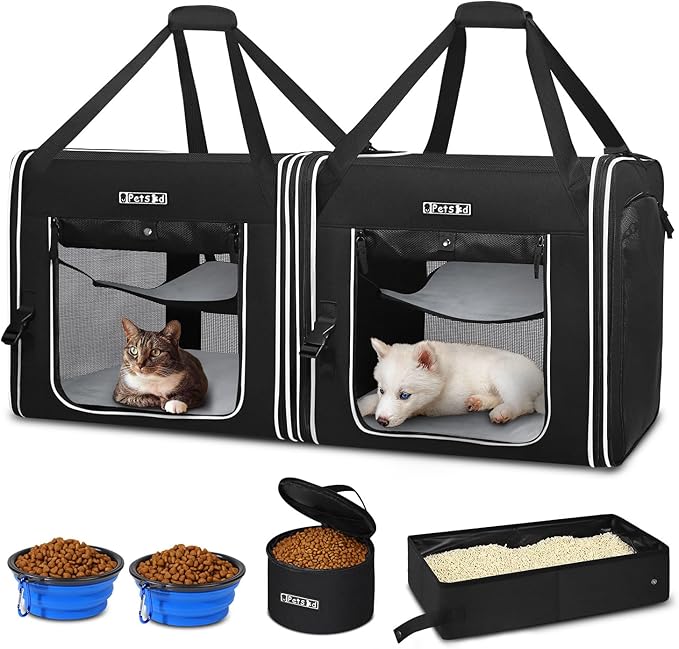 Portable Double Cat Carrier with Litter Box for Multiple Cats | 36"Lx17"Wx17"H, 2in1 Car Travel Carriers, Dual Large Cat Carrier, Lockable Safety Zippers, for Long Distance Travel
