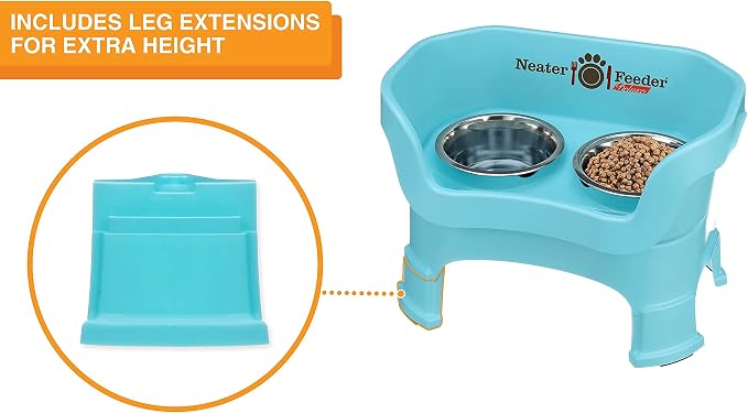 Neater Feeder Deluxe Mess-Proof Elevated Dog Bowls for Medium Dogs (19–40 lbs), 2 Height Adjustable (10” & 12.5”) No-Spill Raised Dog Bowl Stand, Stainless Steel Food Bowl Set, Made in USA, Aquamarine