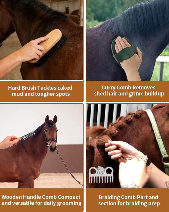 Horse Grooming Kit 13 Piece, Complete Horse Brushes & Grooming Supplies Set with Organizer Bag, Curry Comb, Hoof Brush, Bath Brushes & Accessories for Horse Care