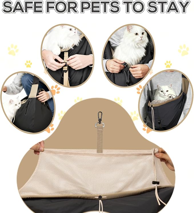 Dog Carrier Sling for Small Dogs/Cats Up to 15 lbs - Multi-Pocket Oxford Pet Sling Carrier Bag with Adjustable Strap (Black)