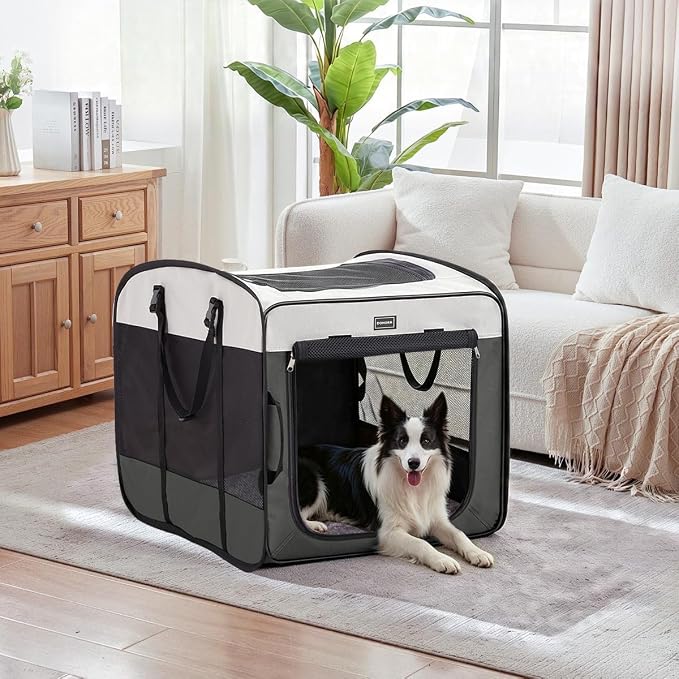 Dog Kennels and Crates for Medium Dogs, Portable Pop Up Indoor Pet Cage with Sturdy Wire Frame, Collapsible Travel Crate Soft Sided Cat Bag Escape Proof (Gray, 32.0" L x 21.0" W x 26.0" H)