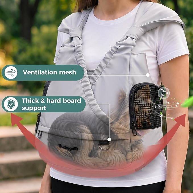 Small Dog Sling Carrier, Hands-Free, Gray, 4-13Lbs | Adjustable Bottom Support Front Backpack with Storage Pocket, Anti-Anxiety Breathable Side Mesh, Reduces Back & Neck Pain