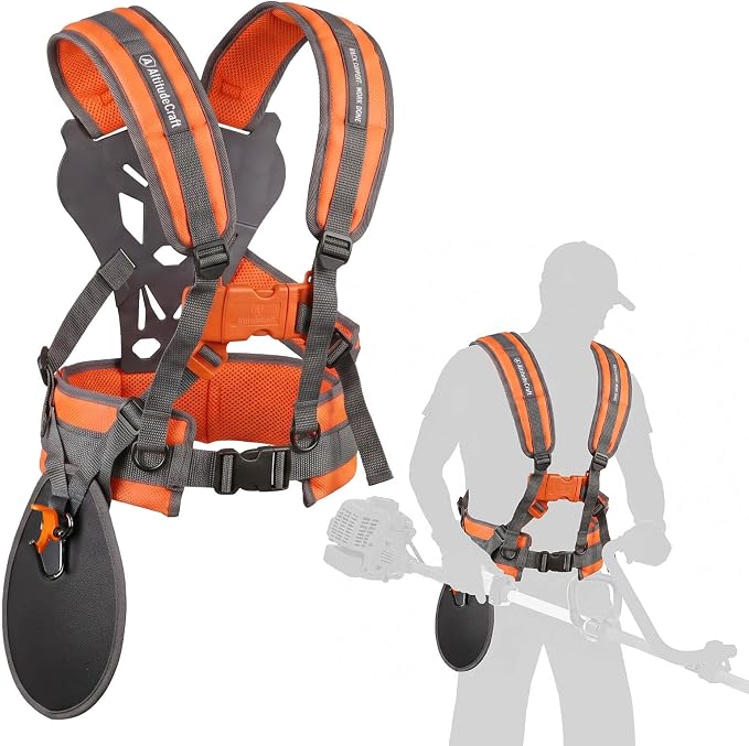Adjustable Weed Eater Strap, Padded 5-Point Trimmer Harness | Hi-vis orange weed wacker strap harness for string trimmers and brush cutters. Designed for left- or right-handed use.