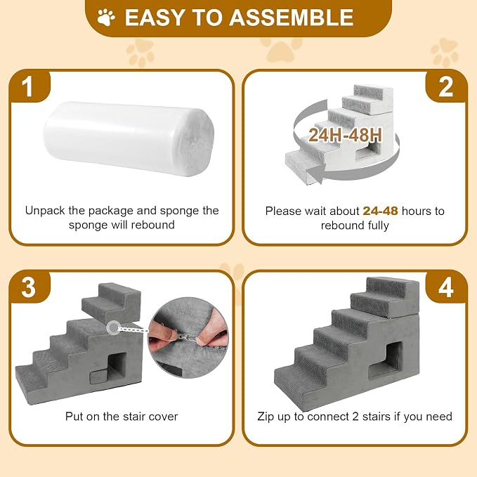 Dog Stairs for Small Dogs 27”H, 6-Step Dog Steps for High Bed, High-Density Foam Pet Stairs with Non-Slip Removable Washable Cover to Get on Bed