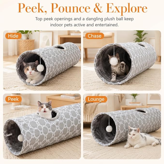 Geometric Straight Cat Tunnel with Plush Inside,Cats Toys Collapsible Tunnel Tube with Balls, for Rabbits, Kittens, Ferrets,Puppy,Diameter 11.8 Inch