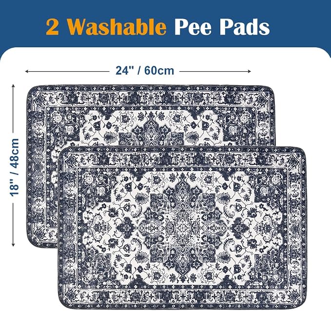 Washable Pee Pads for Dogs, 2 Pack Reusable Puppy Training Pads 24"x18" Super Absorbent Waterproof Dog Training Pads, Non-Slip Potty Pads, Whelping Pads Litter Mat Navy Blue