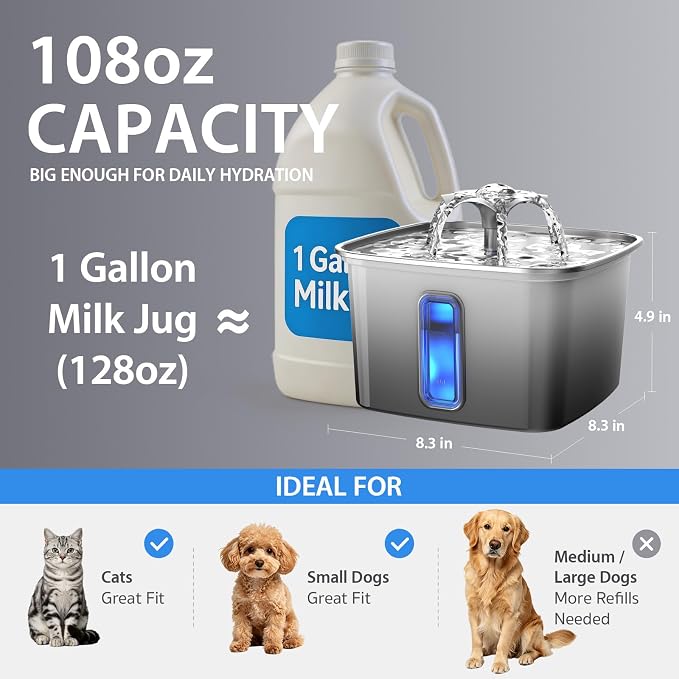 Veken Innovation Award Winner Stainless Steel Cat Water Fountain, 108oz | Automatic Pet Fountain Dog Water Dispenser with Replacement Filters & Silicone Mat for Cats, Dogs (Velvet Black)