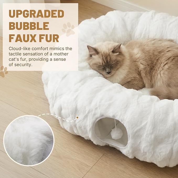 Extra Large Cat Tunnel, 47.2in Luxury Tunnel for Large Cats | Extra Long Bubble Fleece Big Cat Tunnel with Washable Mat, Skin-Friendly Large Tunnel for Cats, Puppy, Rabbits White