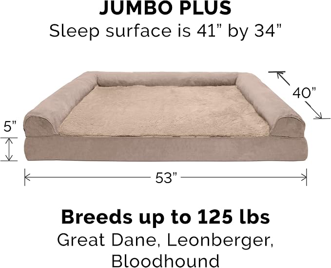 Furhaven Orthopedic Dog Bed for Large Dogs w/ Removable Bolsters & Washable Cover, For Dogs Up to 125 lbs - Plush & Suede Sofa - Almondine, Jumbo Plus/XXL