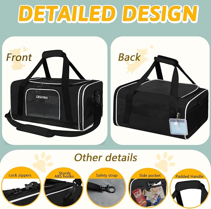 Small Pet Carrier 17" L x 11" W x 9.5" H Airline Approved, Black | for Alaska Airlines, Lockable Safety Zippers and Anti-Scratch Mesh, Pets Under 10 lbs