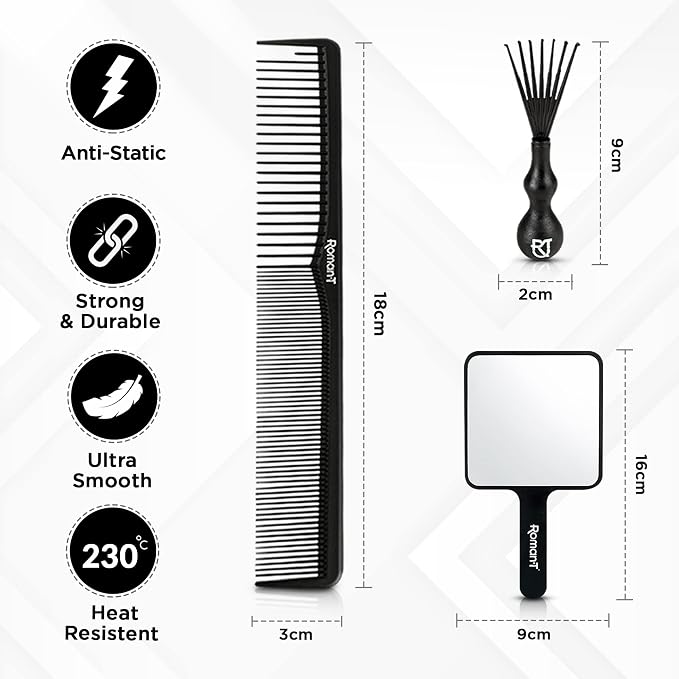 Roman-T 8-in-1 360 Wave Kit for Men - Grooming Kit for 360 Waves - 3 Wave Brushes, Soft, Medium & Hard - 2 Satin Durag, Hand Mirror, Comb, Hair Brush Cleaner - Gift Set, Black