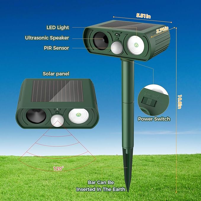 Upgraded Solar Ultrasonic Animal Repellent Outdoor, Deer Repellent Devices Squirrel Cat Raccoon Rabbit Dog Deterrent, Keep Skunk Away Motion Detection with Flash Light for Yard Garden Lawn 1PACKGreen