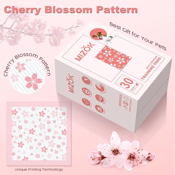 MIZOK Pink Puppy Pads with Adhesive Tabs Wee Wee Pads for Dogs 22x22in 30Ct | Cute Cherry Blossom Designs Feature Pheromone Attractant for Fast Training Small Dog Potty Pads Ideal for Female Puppy Needs