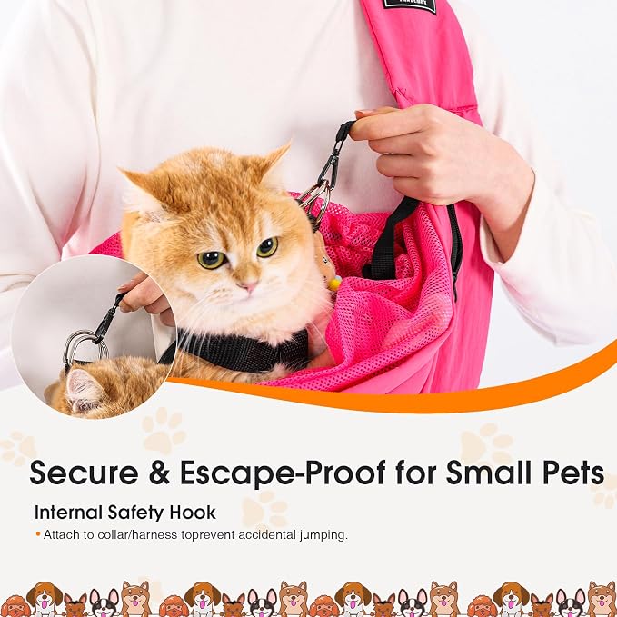 Dog Sling Carrier for Small Dogs & Cats 5-20 lbs, Adjustable Depth | Breathable Air Mesh Puppy Sling, Water-Resistant Travel Bag, Double Safety Leash, Machine Washable, Hands-Free Pouch, Fuchsia