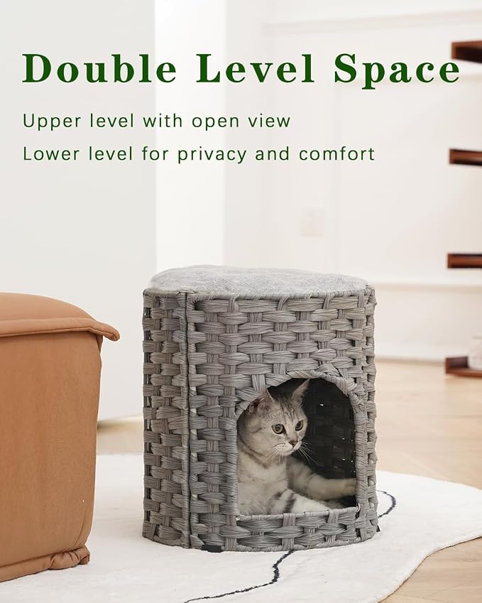 SETVSON Cat House for Indoor Cat, Small Handwoven PE Rattan Cave, Gray | Foldable Pet Kitten Bed Covered, Comfortable Double-Sided Cushion, 13x13x13.7 Inches, Quick 5-Minute Assembly