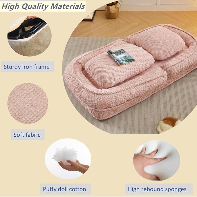 Foldable Lazy Sofa Bed with 5 Levels Adjustable Backrest, Pink | Comfy Upholstered Human Dog Bed for Adults and Pets, Lazy Floor Lounger with 2 Soft Cushions for Living Room Bedroom