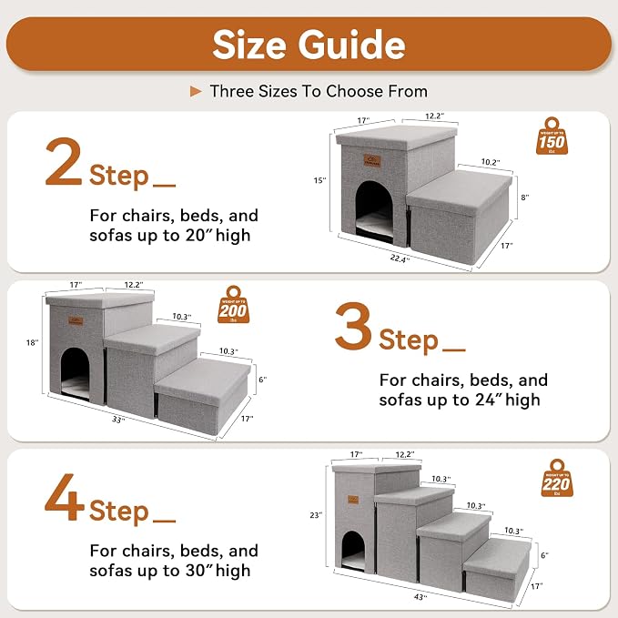 Zerbuger Dog Stairs with Storage, Grey 2 Steps Dog Ramp with Condo for Bed | 15" H Wider Dog Steps for Beds Couch, Folding Storage Pet Stairs Gift for Climbing Small/Medium/Large Old Dogs Cats