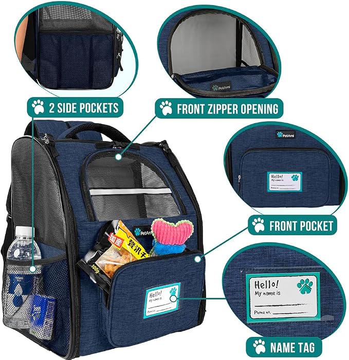 PetAmi Dog Backpack Carrier for Small Medium Dogs Large Cats up to 18 lbs, 2 Side Entry, Structured No-Collapse Frame, Airline Approved Ventilated Pet Backpack for Hiking Camping Travel Vet, Navy
