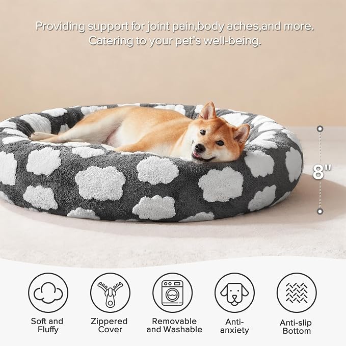 JOEJOY Jacquard Donut Round Dog Beds Medium Sized Dog,Grey 30x30x8in, Removable Washable Cover, Cute Pattern, Ultra Soft Fluffy Calming Pet Bed with Thick Supportive Bolster