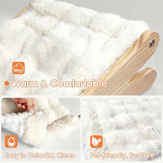 Plush Elevated Cat Bed - Cozy Raised Cat Hammock with Solid Wood Frame, Soft Furry Cushion for Indoor Cats & Small Dogs, Multi-Color Options(White)