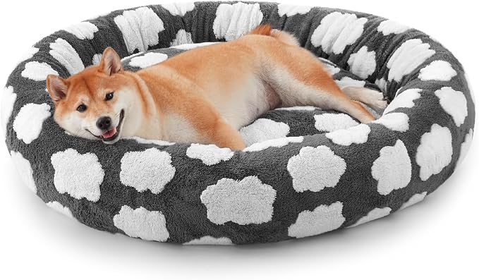 JOEJOY Jacquard Donut Round Dog Beds Medium Sized Dog,Grey 30x30x8in, Removable Washable Cover, Cute Pattern, Ultra Soft Fluffy Calming Pet Bed with Thick Supportive Bolster