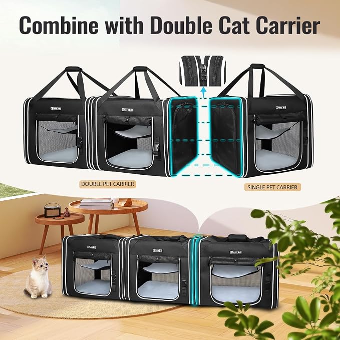 Combinable Pet Car Travel Carrier for a Large Cat/Medium Dog | 18"Lx17"Wx17"H, Small Pet Soft Carriers, Food Bag & Bowl Included, Lockable Safety Zippers, For Car Travel, Vet, Camping