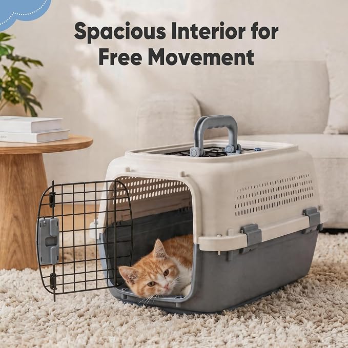 DUMOS 23" Hard-Sided Pet Carrier for Small Dogs & Cats, Airline Approved Travel Crate with Enhanced Security Latches, Front & Top Load Wire Door, Food Bowl for Traveling, Hiking, Camping - Beige&Grey