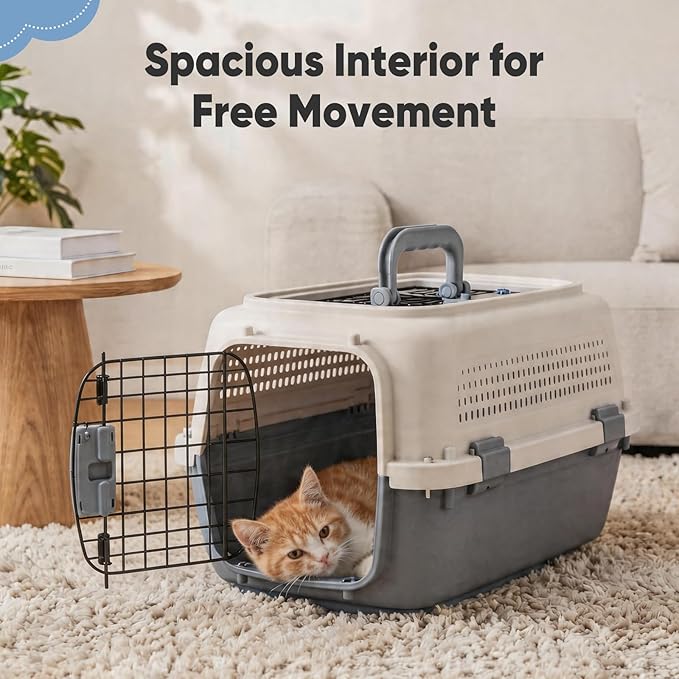 DUMOS 23" Hard-Sided Pet Carrier for Small Pets, 2 Door Cat Carrier, Beige | Airline Approved Dog Crate, Enhanced Security Latches, Front & Top Load Wire Door, Food Bowl for Traveling, Hiking, Camping