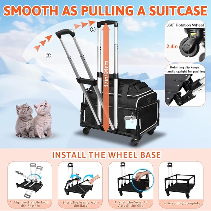 Top-Expandable Small Pet Carrier with Wheels Airline Approved | 18"x11"x11", for Delta/American/United Airlines, Lockable Safety Zippers and Anti-Scratch Mesh, Pets Under 10 Lbs, Black