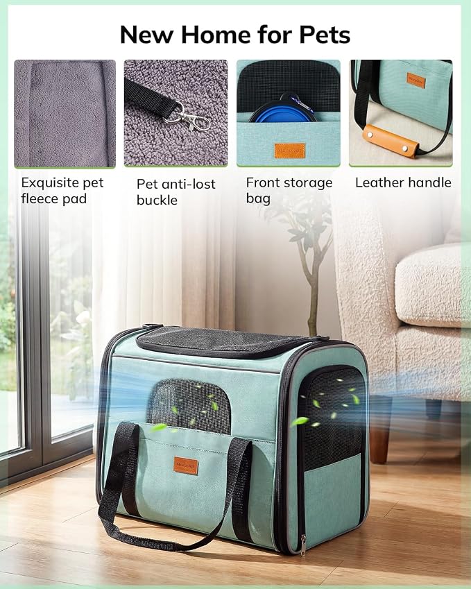 Morpilot Pet Carrier for Large Cats, Puppies & Small Dogs Up to 20lbs | Escape-Proof with Locking Zippers, Dual-Sided Cushion, Safety Buckle for Car & Vet Travel, Includes Foldable Bowl (Green)