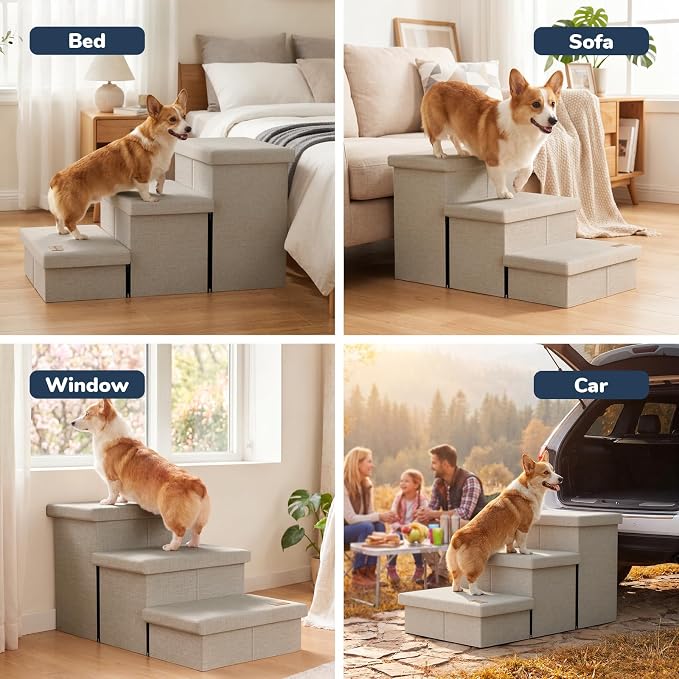 3-Step Wide Dog Stairs with Hidden Storage 18" H, Non-Slip Dog Steps for High Bed Couch Window Car, Jiont-Friendly Pet Stairs Ramp for Small/Medium/Large Old Dogs Cats Up to 220lbs, Beige