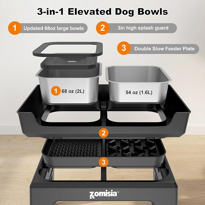 ZOMISIA Elevated Dog Bowls with No Spill Water Bowl, 6 Height Adjustable | 3-in-1 Dog Bowl Stand, Mess Proof Double Deck Design, 2 Stainless Steel Bowls, Licking Plate, For Small Medium Large Pets