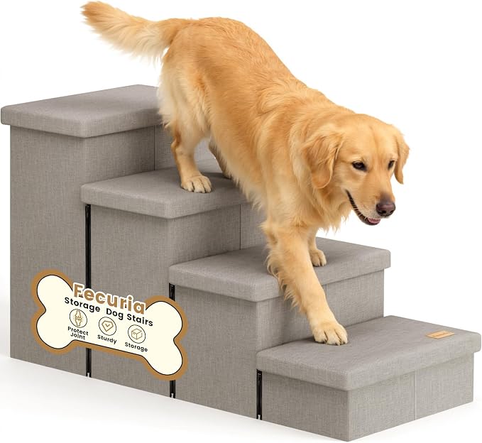 4-Step Wide Dog Stairs with Storage 23" H, Non-Slip Sturdy Pet Steps for High Bed Couch Window, Pet Stairs for Small/Medium/Large Old Dogs Cats Up to 220lbs, Cat Dog Steps for Car, Light Grey