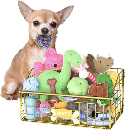 Kaiferty Indestructible Dog Toy basket, Small Toy Box for Dogs, Pet Toy Bin Dog Metal Basket for Toys, Toy Storage Organizer, Cat Toy Box for Living Room Area(Gold)