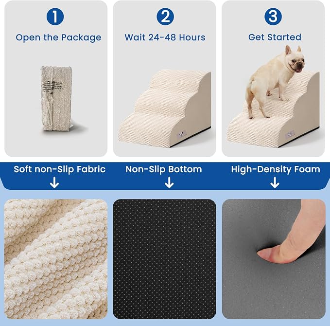 Dog Stairs for Small Dogs & Cats,3 Steps Non-Slip Pet Ramp for Couch,15.7"H | Airpanda Pet Stairs with Washable Cover & High-Density Foam,Gentle Curved Design,Ideal for Senior & Short-Legged Dogs,Beige