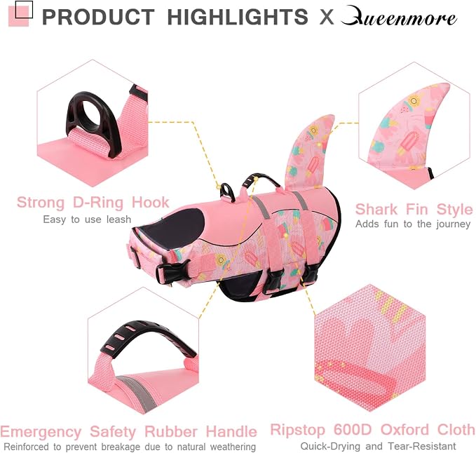 Dog Life Jacket High Flotation, Reflective Dog Life Vests for Swimming, Adjustable Dog Life Preserver Rescue Handle Spring Summer Pool for Small, Medium, Large Dogs (Pink Ice Cream,XL)