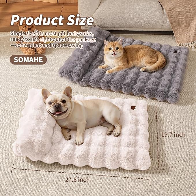 SOMAHE Cat Bed and Small Dog Bed Mat, Raised Pillow, 27 x 20 Inch, White | Self-Warming Fuzzy Faux Fur Surface, Soft Plush Pet Sleeping Pad for Indoor Cats, Machine Washable, Non-Slip Bottom