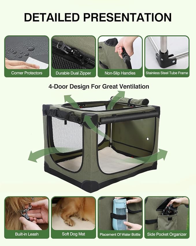 Veraste 33" L x 25" W x 25" H Collapsible Travel Dog Crate, Portable Soft Dog Kennel for Medium Large Dogs up to 60 lbs, 4-Door Foldable Travel Crate with Durable Mesh & Storage BagGreen | 4-Door Foldable Travel Crate,breathable mesh, foldable with sto...