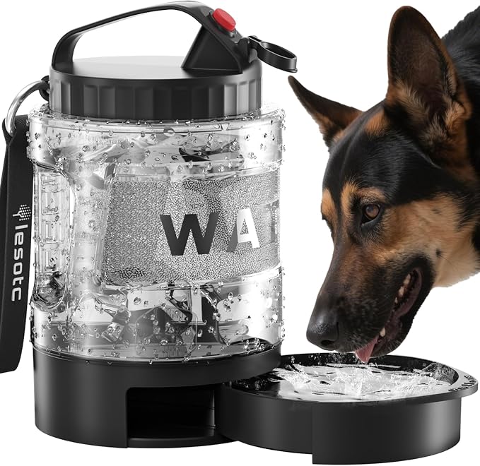 lesotc Portable Dog Water Bowl Dispenser - 77oz Travel Water Bottle | Pop-Out Drinking Bowl, No-Spill Design for Camping, Hiking & Car Rides - Keep Your Dog Hydrated Anywhere, Black
